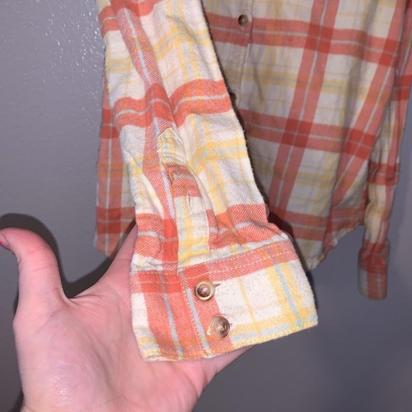 O’Neill plaid orange yellow beige long sleeve button down flannel top - Picture 3 of 6